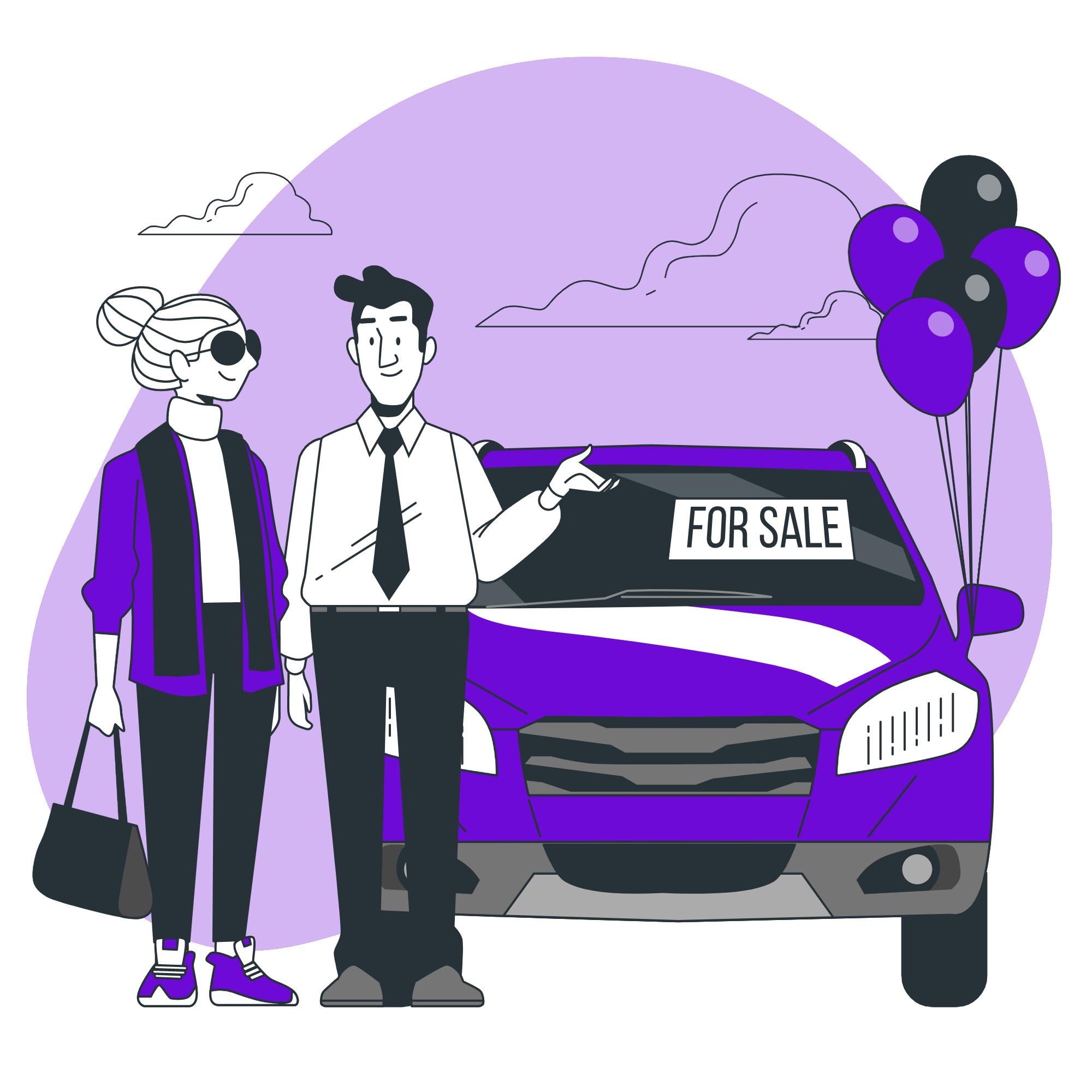 Imagem de um carro a venda com pessoas em volta